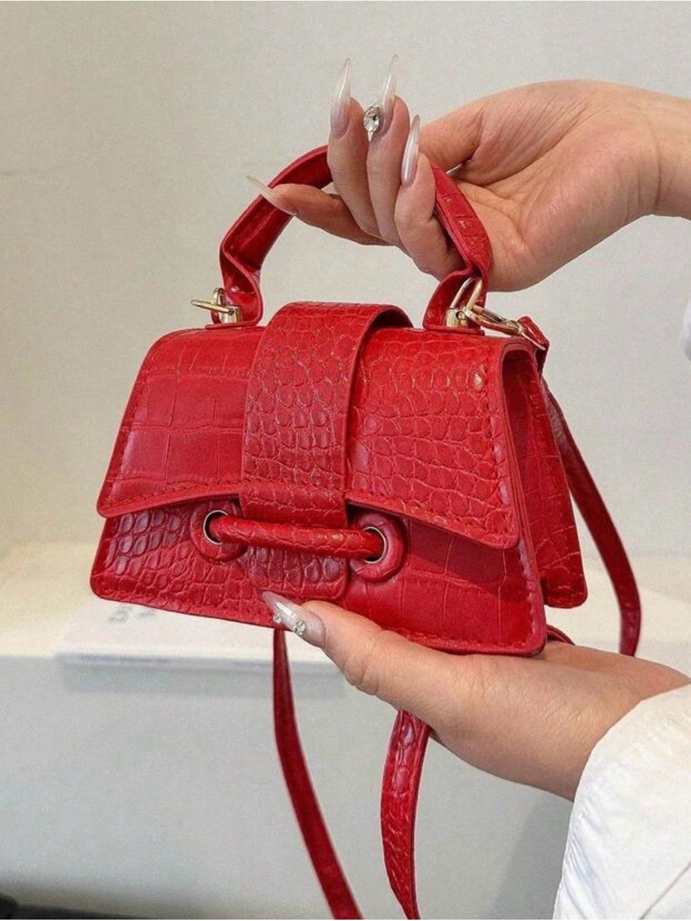 Red Croc-Embossed Top-Handle Shoulder Bag